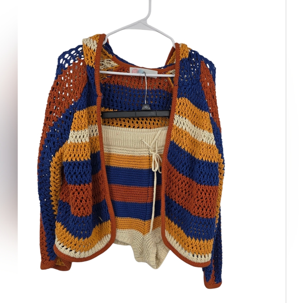 Striped Open-Knit Cardigan and Tank Set - Blue, Rust & Cream
